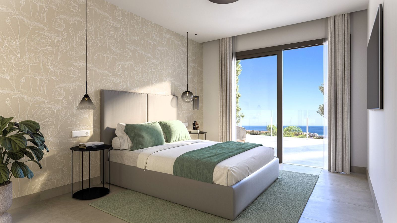 Moderne slaapkamer met uitzicht op de oceaan.